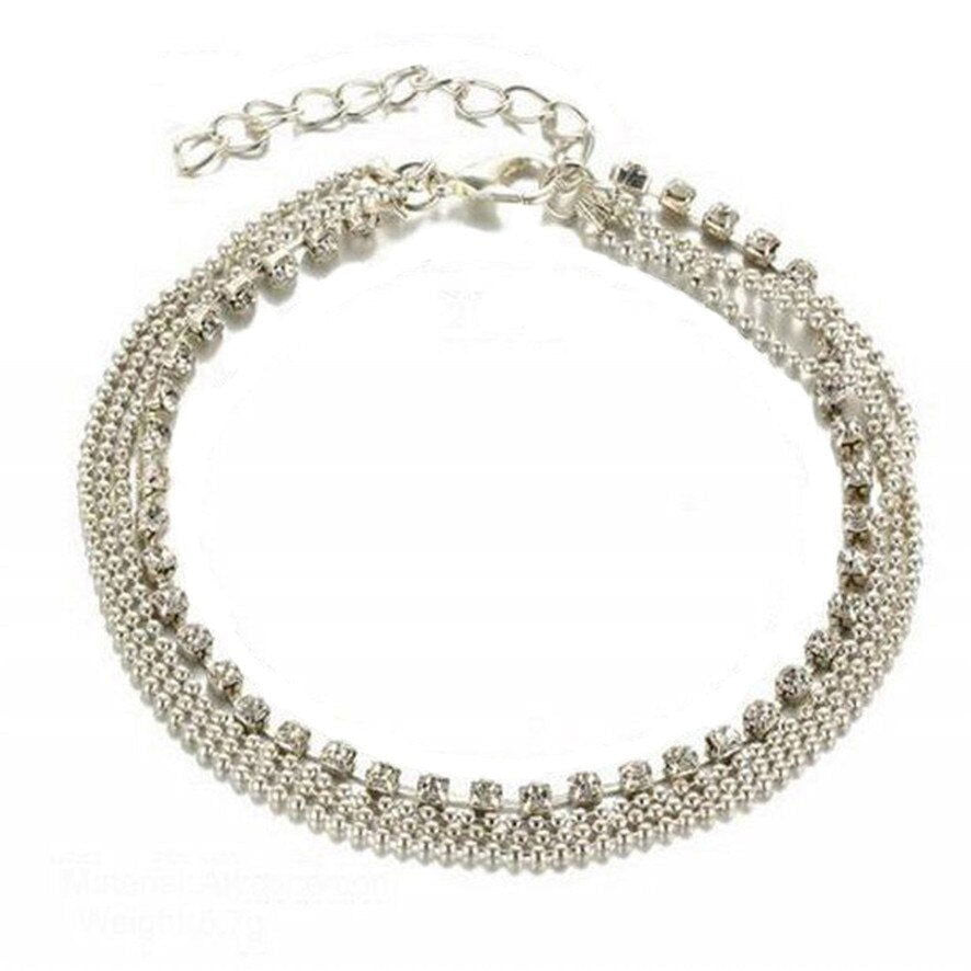 Anklet multi layer silver links with crystals - Shhh...