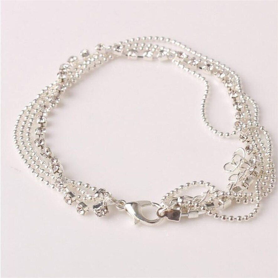 Anklet multi layer silver links with crystals - Shhh...