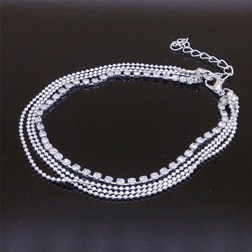 Anklet multi layer silver links with crystals - Shhh...