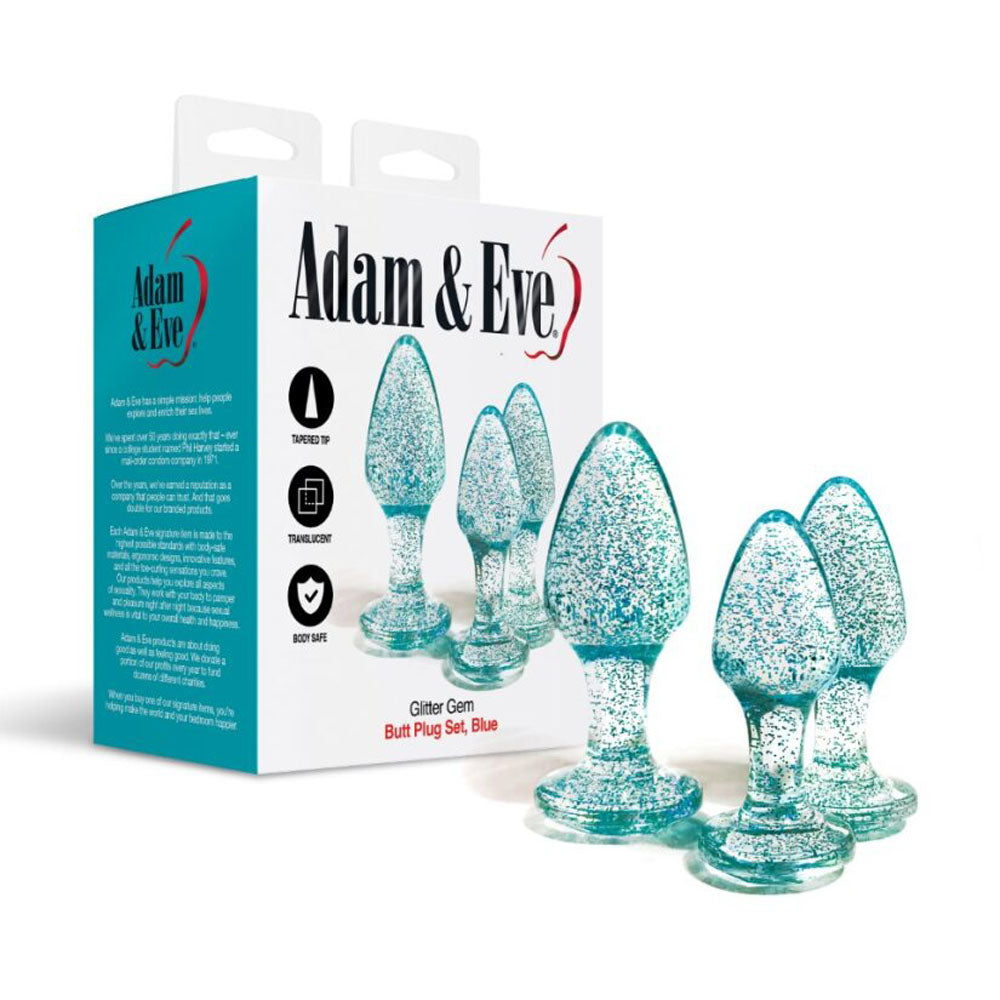 Adam & Eve Glitter Gem 3-Piece Butt Plug Set - Azure Blue