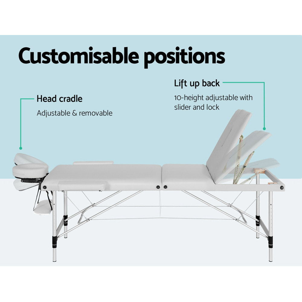 Zenses 3 Fold Portable Aluminium Massage Table White 65cm wide