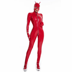 Women's Sexy Catsuit Set with Mask - RED