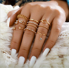 Rings 8-pc Bohemian geometric ring set. Clear crystal stones gold chain