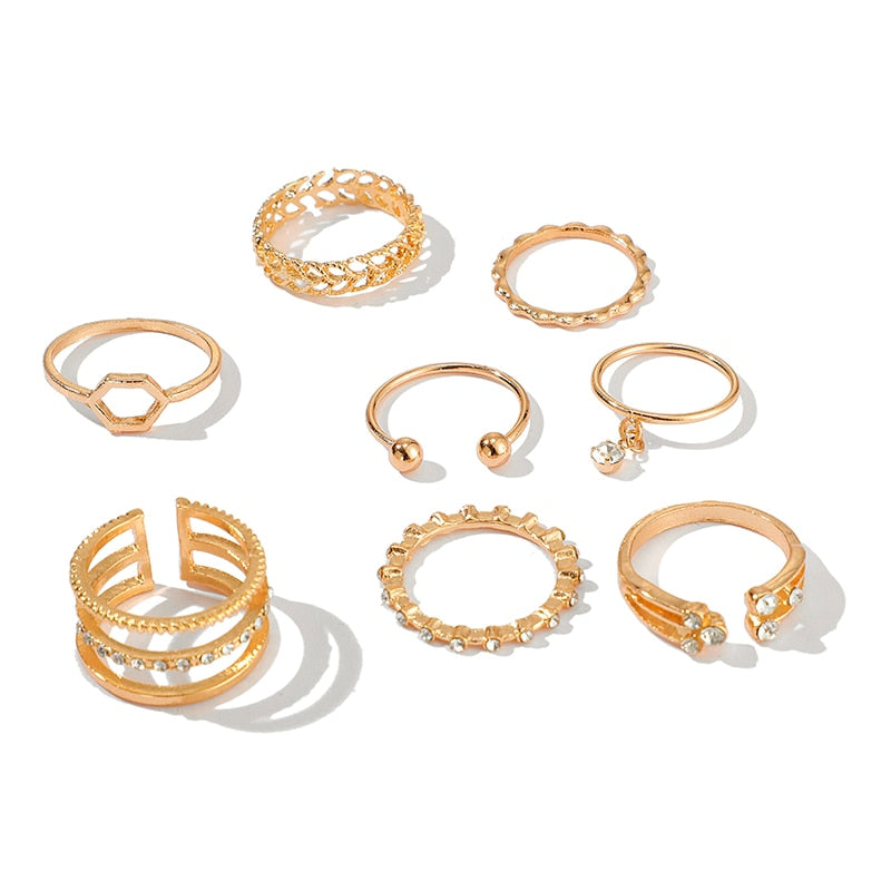 Rings 8-pc Bohemian geometric ring set. Clear crystal stones gold chain