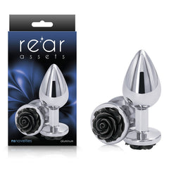 Rear Assets Butt Plug with Rose insert - Chrome Medium