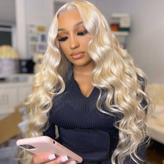 Remy Lace front wig, Honey Blonde, wavy. Centre part.